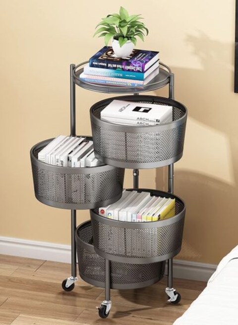 4 Tier Round Metal Kitchen Storage Rack Shelf with Wheel, Black