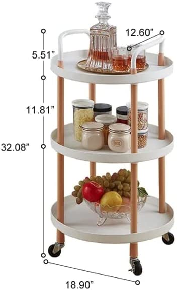 3 Tier Trolley Rolling Cart Solid Wood Frame Round Lockable Wheels Guard Rails Organizer,White