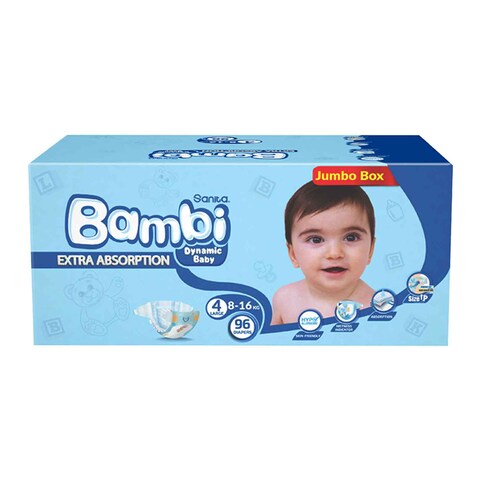 Sanita Bambi Baby Diapers Jumbo Box Size 4 Large 8-16 KG 96 Count