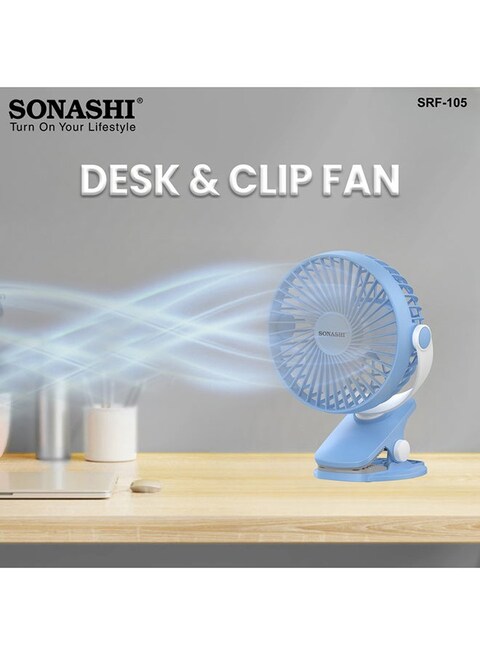 Sonashi 5 Inch 2 In 1 Desk &amp; Clip Fan With 360&deg;D Rotating Function SRF-105 Blue