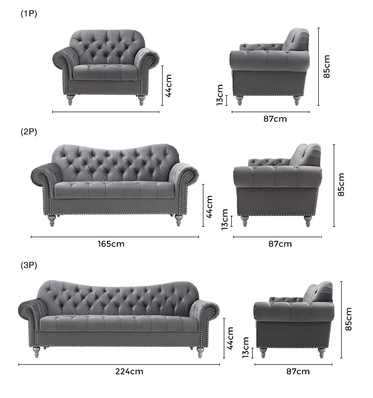 luxury Grey velvet button tufted sofa modern living room furniture Grey tufted 3+2+1 seat fabric chesterfield sofa