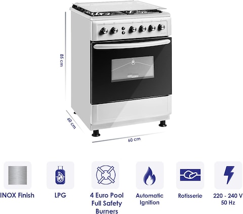 Super General 4 Burner Gas-Cooker/ Steel Cooker/Gas Oven/ Silver/ 60 X 60 X 85 Cm/ Sgc 6470MSFS