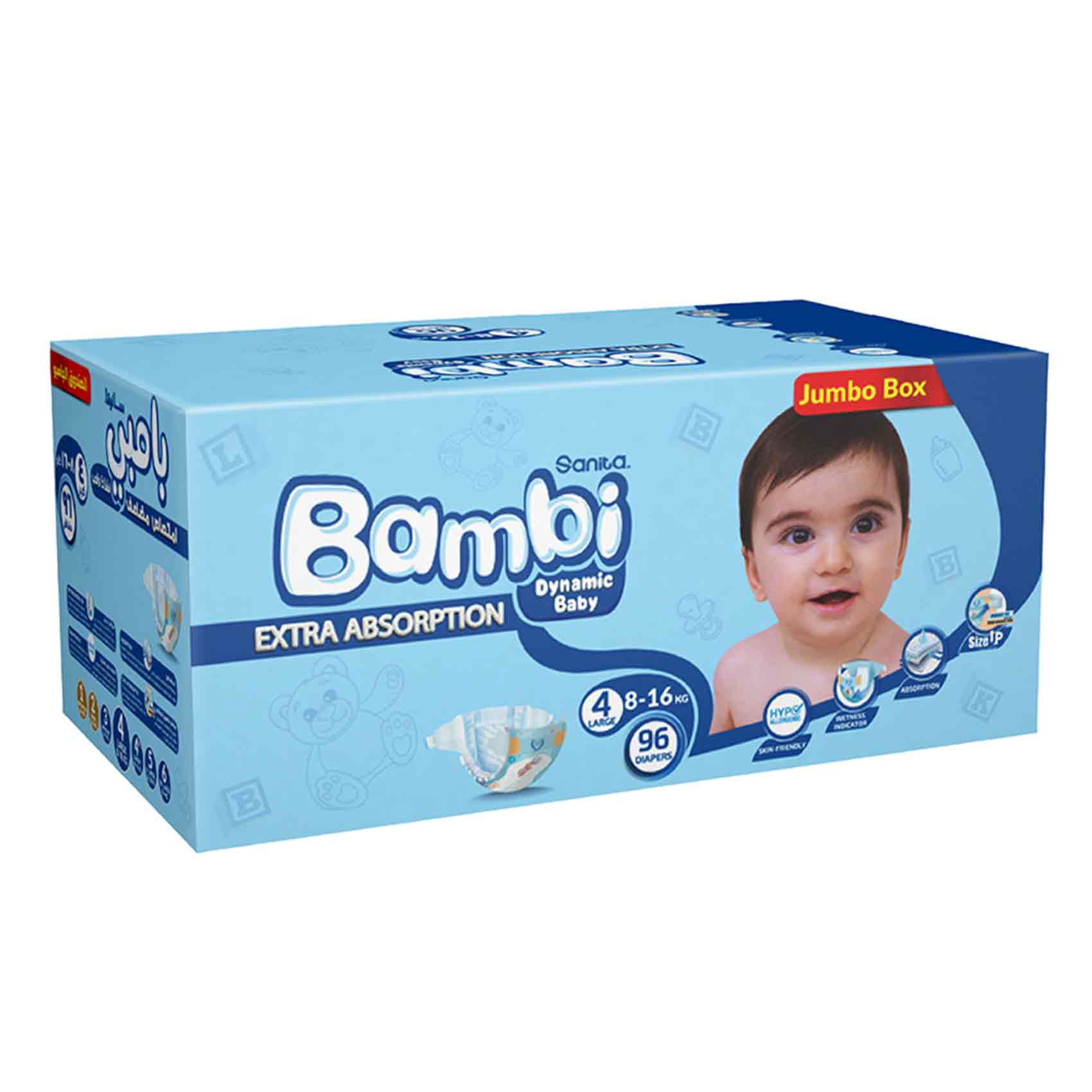 Sanita Bambi Baby Diapers Jumbo Box Size 4 Large 8-16 KG 96 Count