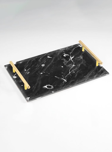 Lowha Decorative Acrylic Serving Tray With Gold Metal Handles And Marble Waved Design 20x30 cm