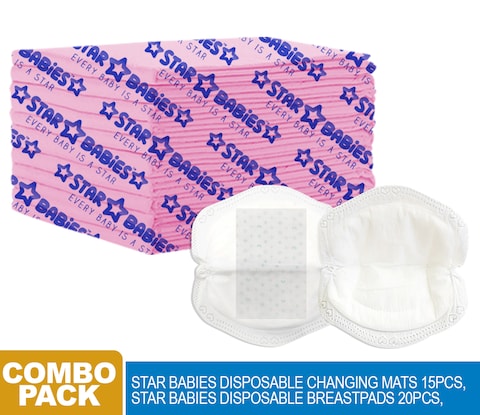 Star Babies Combo Pack (15pcs Disposable Changing Mats + 20pcs Disposable Breast Pads)