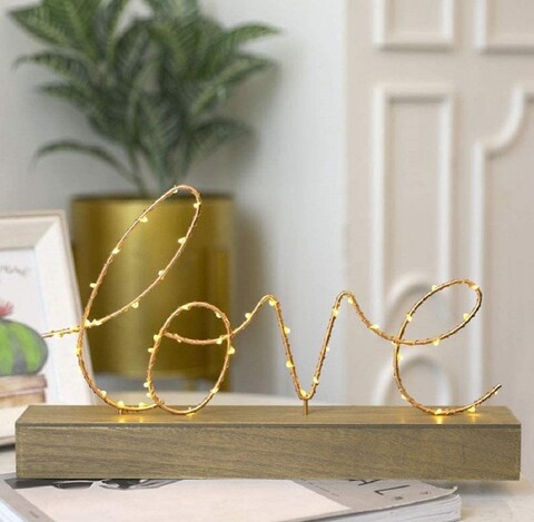 Golden Glowing LOVE Sign with Yellow LED Lights 36x22cm