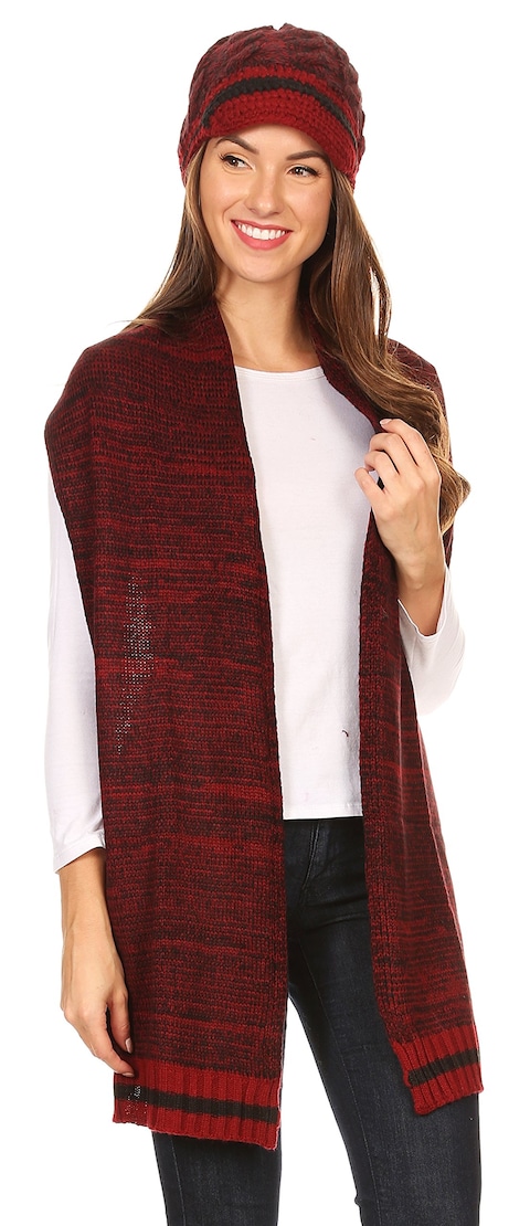 Theo Winter Stripes Knitted Hat With Scarf Set Heather Red/Black
