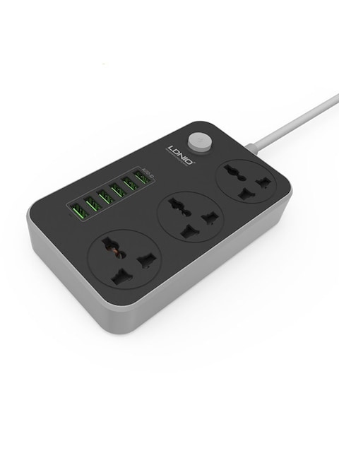 LDNIO 3-Power Socket With 6-USB And Lighting, Type-C, Micro Cables Universal Power Strip 2meter Grey/White