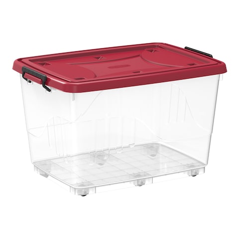 Cosmoplast Plastic Storage Box With Wheels And Lockable Lid Red And Clear 132L