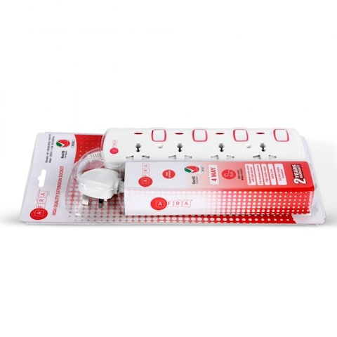 AFRA Japan Universal Extension Cord, 4 Way, 4 Universal Sockets, 5 Meter Cable, Easy Set-Up & Storage, Shockproof, 250V
