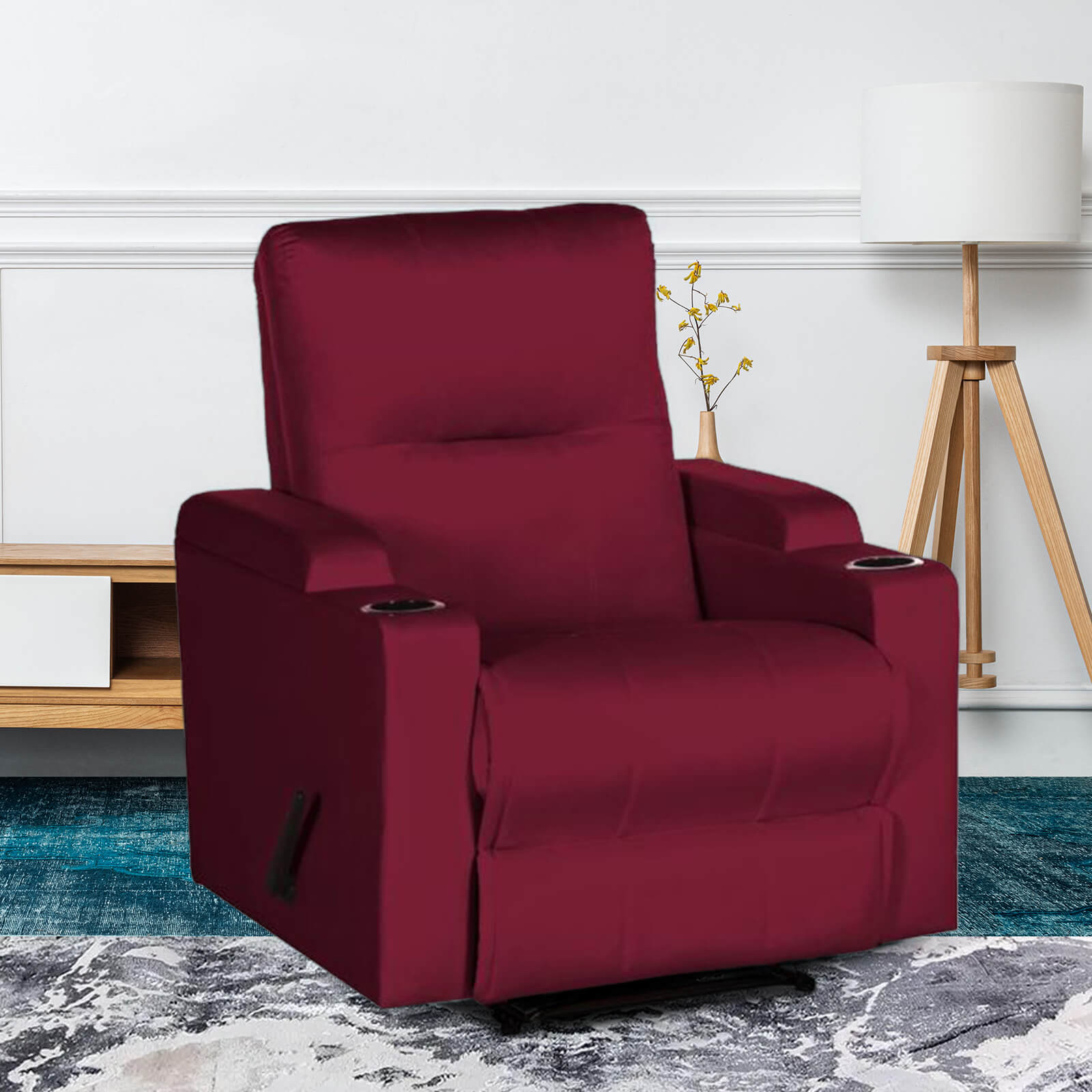 In House Velvet Rocking Cinematic Recliner Chair With Cups Holder - Burgundy - AB08