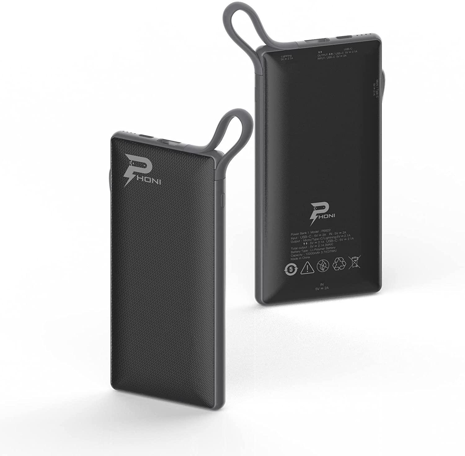 Phoni 6 in 1 Power Station 10,000 mAh with Built-in Cable to Charge Multiple Devices - Black