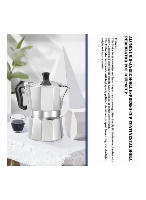 Generic 8-Angle Continental Moka Percolator Pot Silver/Black 8X8X15.5cm