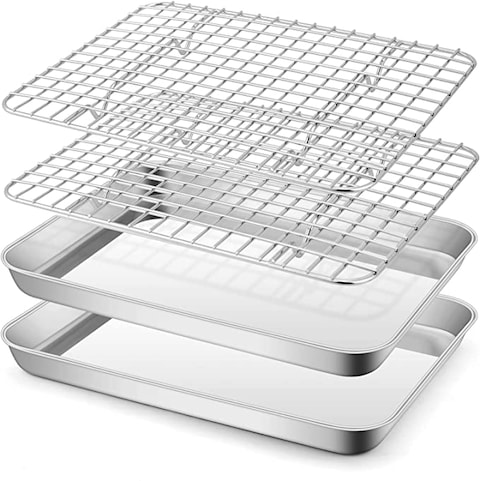 Generic Baking Sheet Pan With Rack Set(2 Pans &amp; 2 Racks), Stainless Steel Cookie Sheets With Cooling Racks, Non-Toxic &amp; Commercial Grade, Thick &amp; Rolled Rim, Rust-Free &amp; Dishwasher Safe (26.5X20.5Cm)