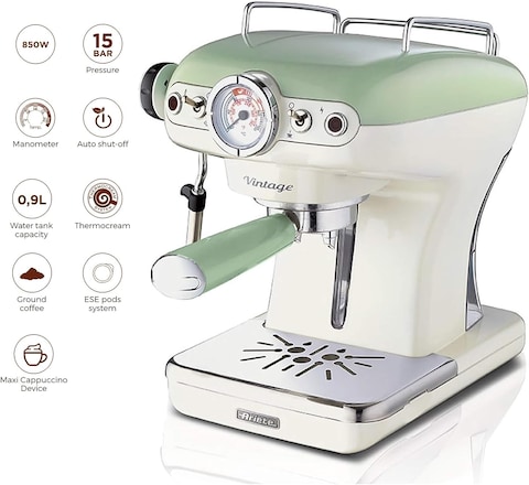 Ariete Vintage Espresso Coffee Machine With Manometer And Milk Frother, Auto Shut-Off, Cappuccino Maker, Ground Coffee And ESE Pod Compatible, 850W, 15 Bar, For Home And Office, ART1389/14, Green