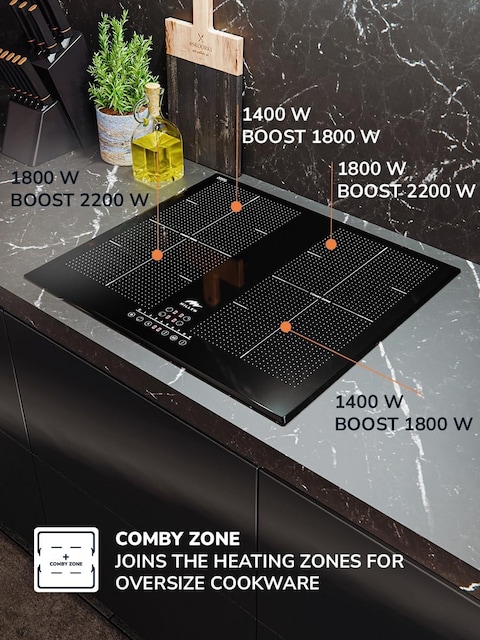 MIILLEN Built in Induction hob, 60 cm Black Glass, 4 Heating Zones, 7000W, Combination zone, MIH 602 BL, 3 Year Warranty