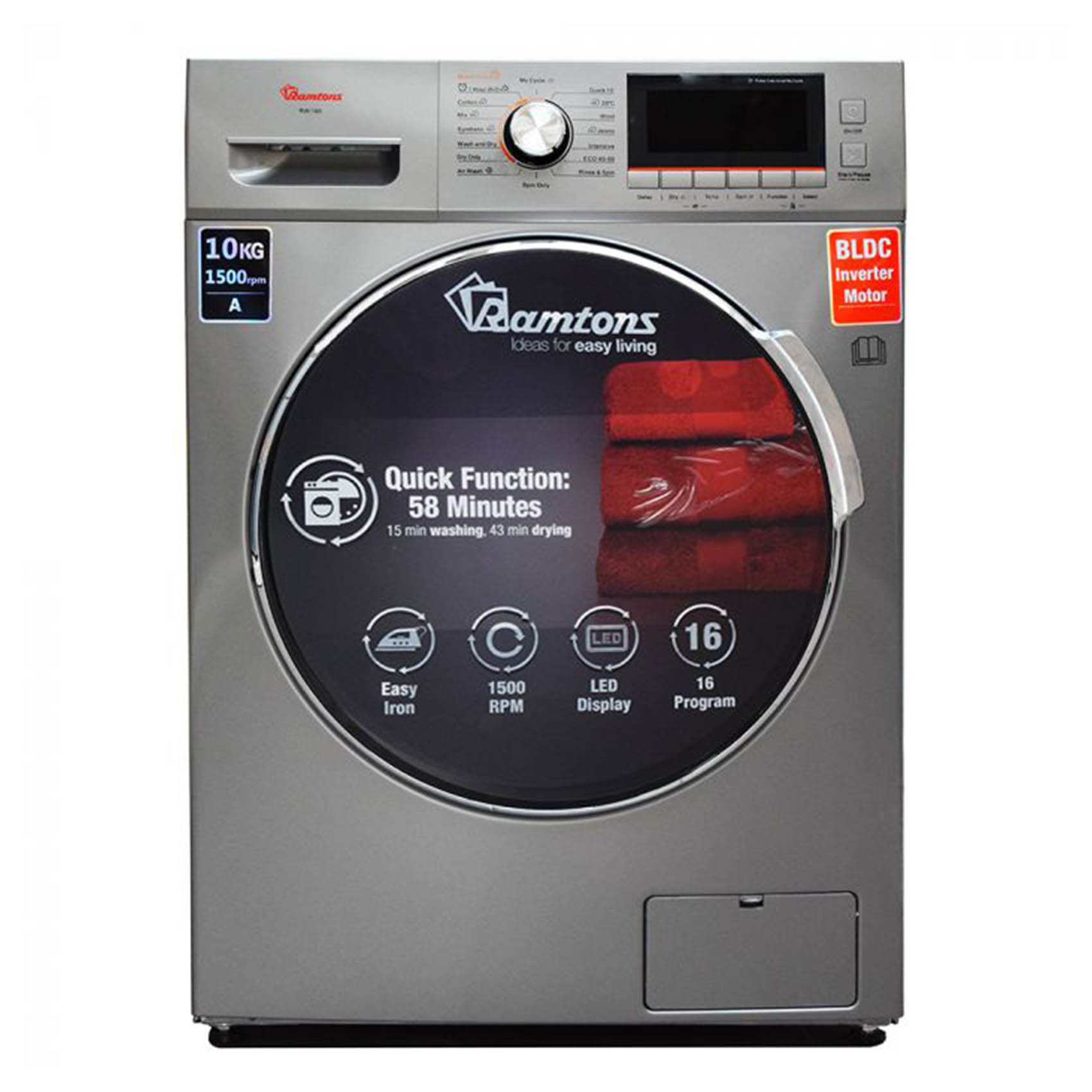 Ramtons Front Load Fully Automatic 10Kg Washer, 7Kg Dryer, Silver - Rw/160