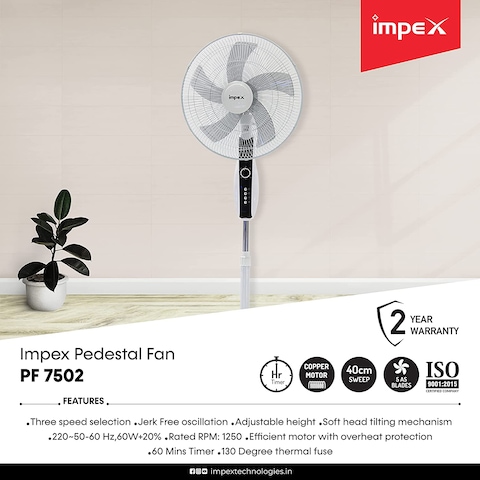 Impex Pf 7502 60W 1350RPM 3 Blade High Speed Pedestal Fan With 5 As Blade 3 Speed Selection Adjustable Height, Black