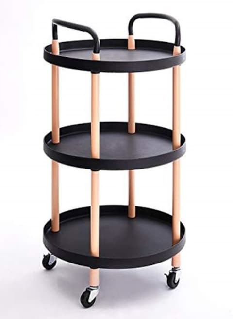 3 Tier Rolling Utility Cart Shelf with Wood Tray Handle Wheels Black