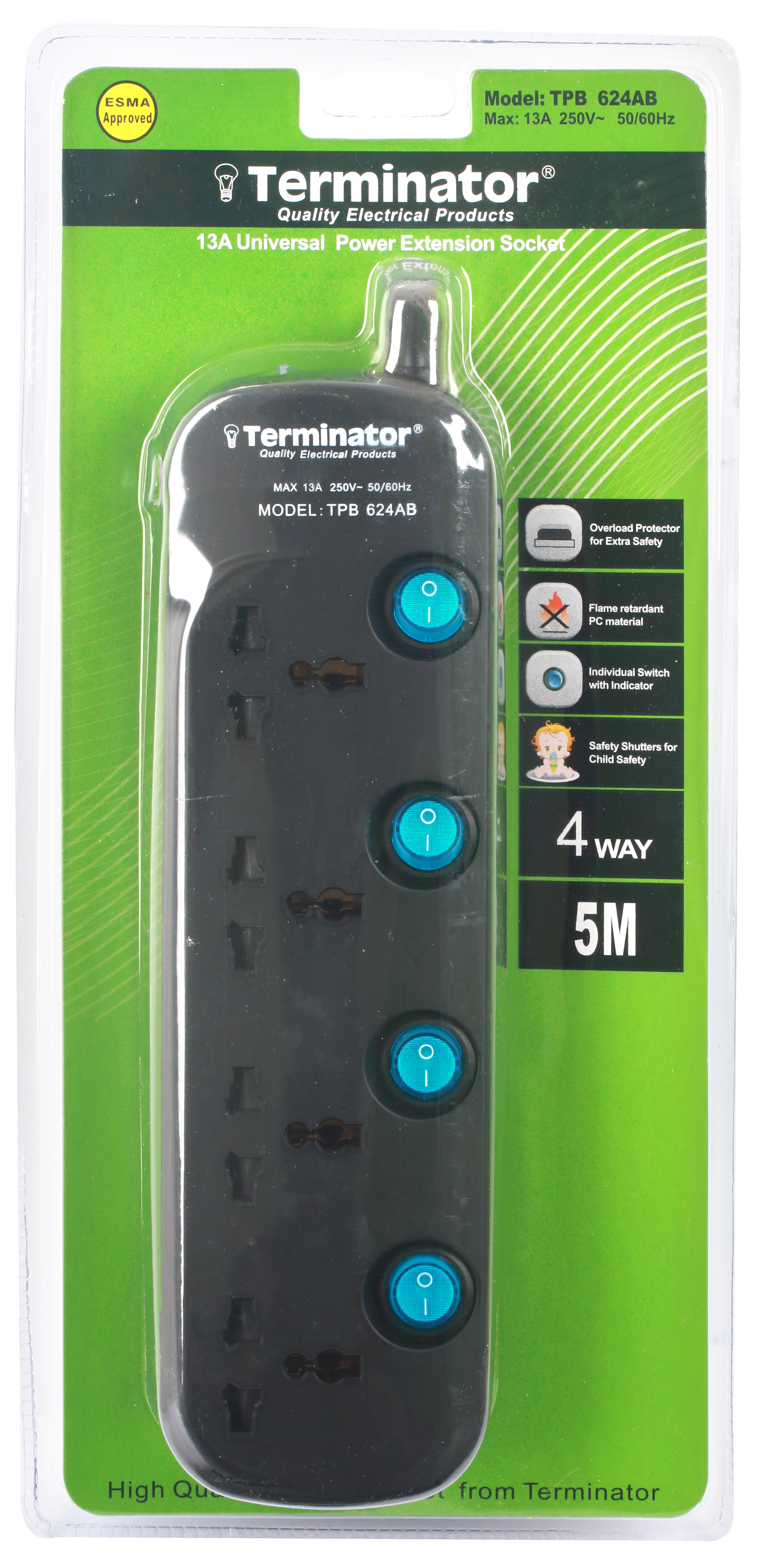 Terminator Brand Universal Power Extension Socket - 4 way 5M