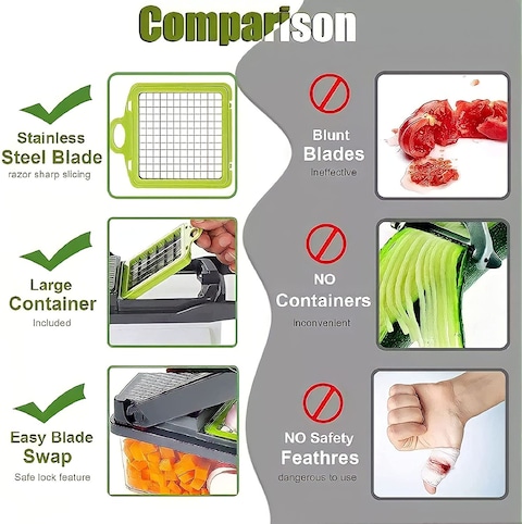 Generic Vegetable Chopper Cutter Slicer Mincer Grater Dicer Pro All In One Multi Gadget Kitchen, 14 In 1 With 8 Different Blades Sizes Portable Container &amp; Holder, Cleaning Fork, Gray