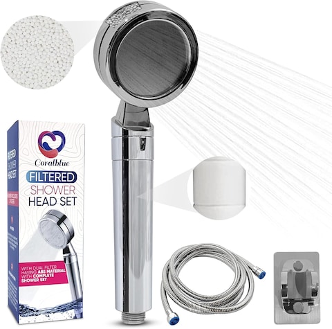Coralblue Handheld Shower Head Set-This Shower head has 2 Shower filter 1 handle and 1 head water filter to purify harmful Chemicals and Pollutants -  2m long Shower hose Stainless Steel