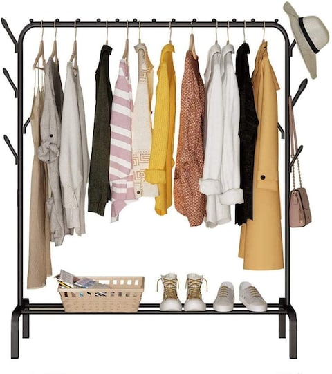 Cloth rack cloth stand Clothes Hanger Stand Clothes Dryer Rail with 8pcs Branch Hook Bottom Storage 110cm Length Large Space for Shoes Clothes Jacket Umbrella Hats Scarf Handbags
