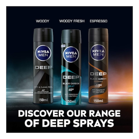 NIVEA MEN Antiperspirant Spray for Men Deep Black Carbon Antibacterial Dark Wood Scent 200ml