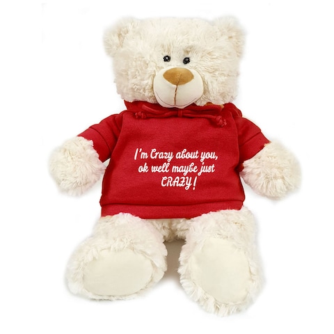 Caravaan, Supersoft, Cuddly Teddy Bear With Trendy Red Hoodie I&#39;m Crazy About You, Ok Well Maybe Just Crazy! Size 38cm Ideal For Birthdays, Boys, Girls Parties Soft And Cuddly