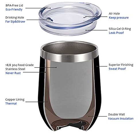 SUNWILL Vacuum Insulated Wine Tumbler with Lid  Black   Stemless Stainless Steel Insulated Wine Glass 12oz  Double Wall Durable Coffee Mug  for Champaign  Cocktail  Beer  Office use