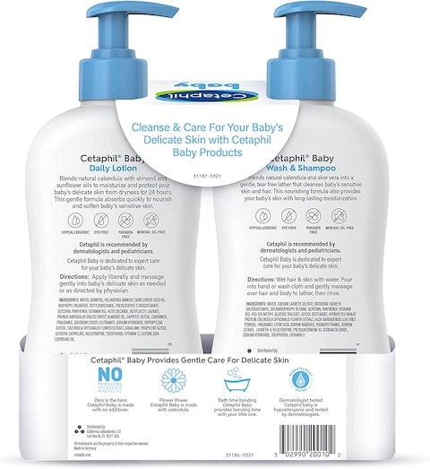 Cetaphil Baby Wash &amp; Shampoo Plus Body Lotion, Healthy Skin Essentials, Head To Toe Hydration For Up To 24 Hours, For Delicate, Sensitive Skin, 2 Count (Pack Of 1)
