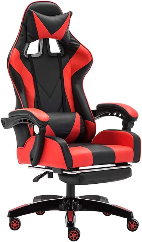 Gaming Chair, Video Gaming Chair, PU Leather High Back Ergonomic Swivel Racing Computer Chair Task Chair, Rolling Office Chair with Lumbar Support and Retractible Footrest for Gaming and Relax (Red)