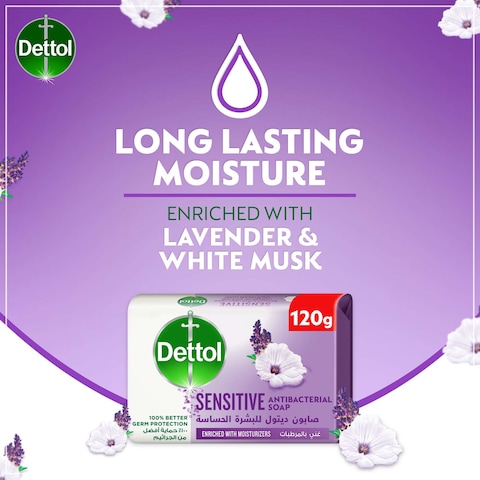 Dettol Sensitive Antibacterial Bathing Soap Bar, Lavender &amp; White Musk Fragrance, 120g
