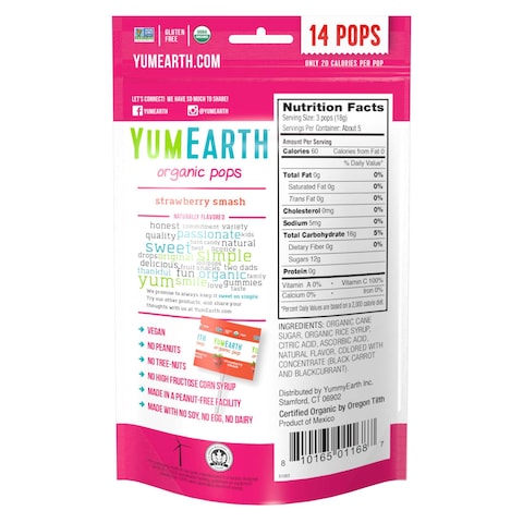Yum Earth Naturally Flavoured Strawberry Smash Organic Lollipops, 87g