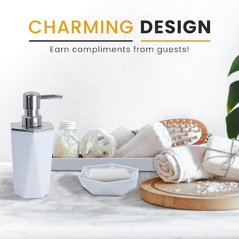 AC&amp;L Bathroom Accessories Set, 5 Pcs Plastic Bathroom Counter Vanity Set, Liquid Soap Dispenser, Toothbrush Holder, Soap Dish, Q tips Tumbler, Vanity Tray, Modern Bathroom Decor Organizer (White)