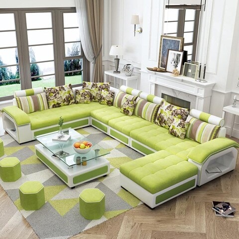 Modern Couch U Shaped Fabric Living Room Furniture Chaise Lounge Recliner Sectional L Shape Corner Sofa Sets(Green)