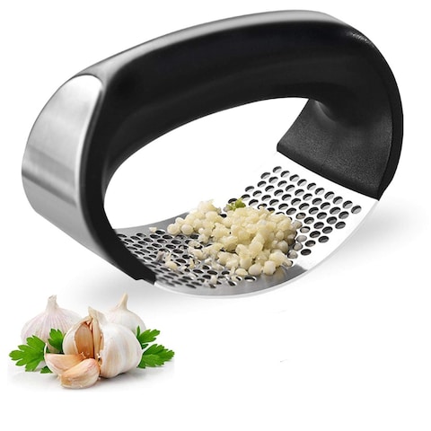 JEVAL Garlic Press Stainless Steel Crusher and Rocker Plastic Portable Ginger Mincer Squeezer Chopper with Handle Manual Garlic Presser Curved Grinding Slicer Cooking Gadgets Tool for Kitchen (1)