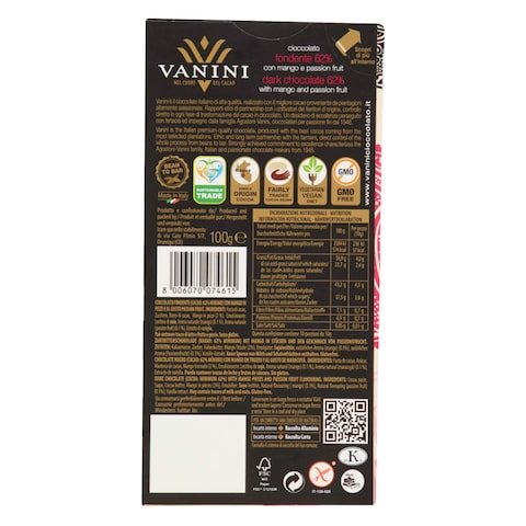 Vanini 62 Cocoa Mango And Passion Fruit Dark Chocolate Bar 100G