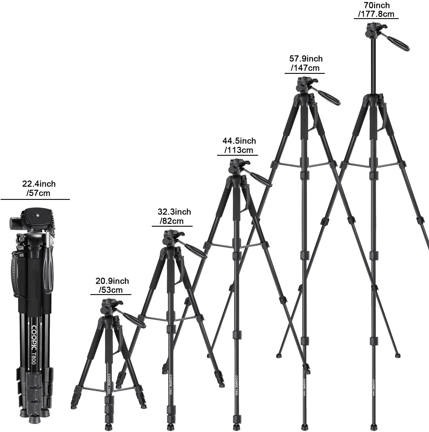 COOPIC T800 Portable 69.5 inches/176.5 centimeters Aluminium Alloy Camera Tripod Monopod with 3-Way Swivel Pan Head,Bag for DSLR Camera,DV Video Camcorder,Load up to 8.8 pounds/4 kilograms