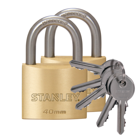 Stanley Padlock Brass 40mm Standard Shackle with 5 Keys (2 Pcs Pack)