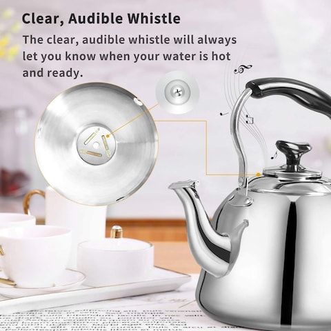 HTH Whistling Tea Kettle Stovetop, Stainless Steel, Mirror Finish, 3L