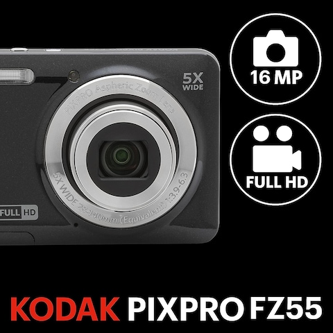 Kodak PIXPRO FZ55-BK 16MP Digital Camera 5X Optical Zoom 28mm Wide Angle 1080P Full HD Video 2.7&quot; LCD Vlogging Camera (Black)