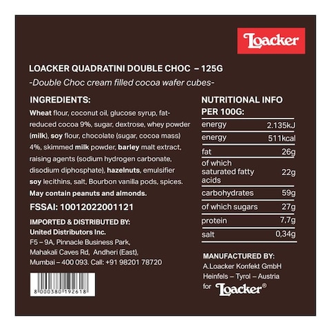 LOACKER QUADRATINI DOUBLE CHOCO125G