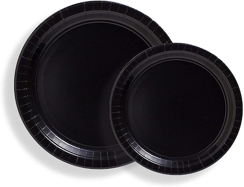 Party Time 12-Pieces Serves 6, Disposable Black Party Set of 9&quot; Paper Plates &amp; 7&quot; Paper Plates For Black Theme Birthday Party Tableware Set for Wedding, Baby Shower, Birthday Party Supplies