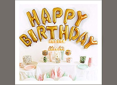 Buena Ventura&#39;s Themez Only &quot;Happy Birthday&quot; Letter Foil Balloon Set (Gold) for Birthday Party Decoration with Metallic Gold , Blue &amp; White Balloons - Pack of 43 pcs