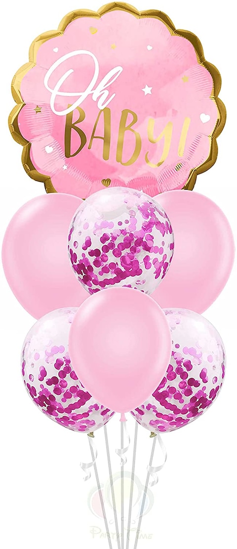 Party Time 7-Pieces Pink Oh Baby Foil Balloon, Pink Latex Balloons and Confetti Balloons Set For Baby Shower Party Decoration - Baptismal, Baby Shower Balloon, Gender Reveal Party Decoration Supplies