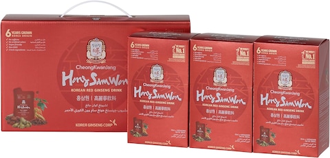 Cheongkwanjang Hong Sam Won, Korean Red Ginseng Drink, Caffeine, Free Energizing Wellness Drink, Set Of 3 Boxes, 10 Pouches Per Box, 1500ml