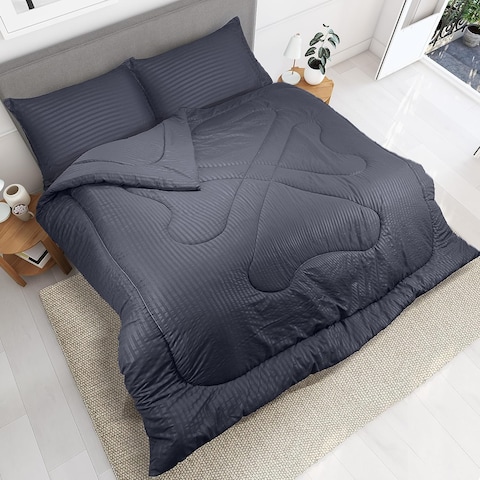 Hotel Linen Klub Down Alternative Comforter Set -Ultra Soft Brushed Stripe Microfiber Fabric, 200GSM Soft Fibersheet Filling, Size: Double 220 x 240cm, Color: Dark Grey