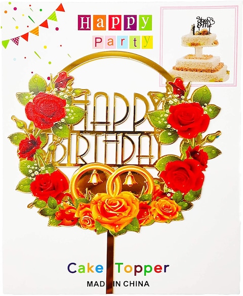 Party Time Round Rose Design Acrylic Happy Birthday Cake Topper for Birthday Decoration/Happy Birthday Cake Decoration Item - Cake Topper (Red &amp; Gold)