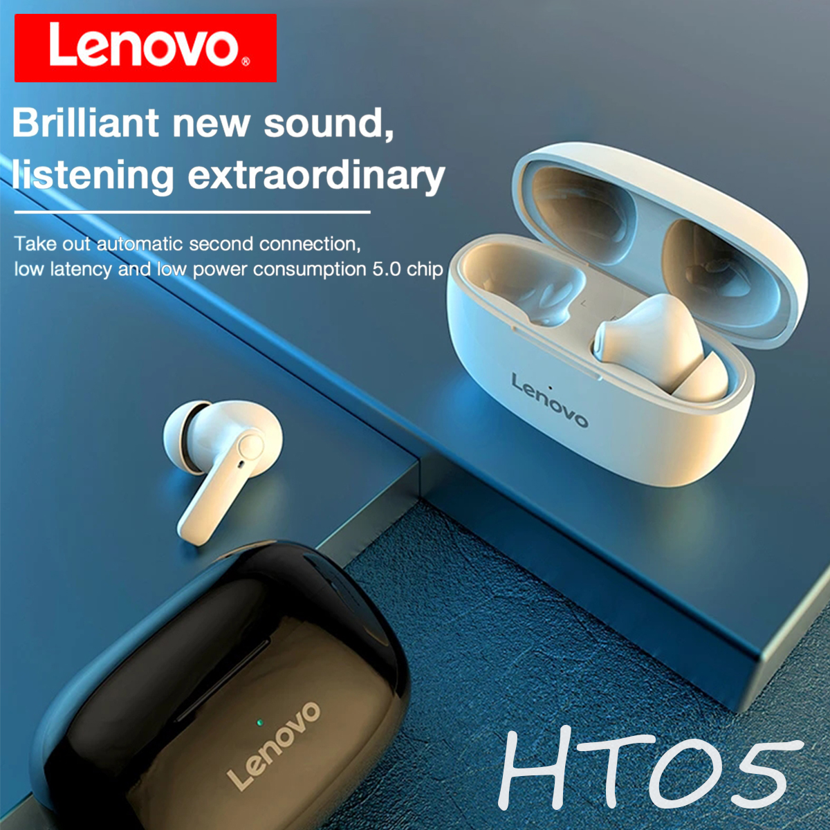 Lenovo Ht05 Tws Wireless Earbuds Bt5.0 Hifi Stereo Headphone Ipx5 Waterproof Sports Headset Noise Reduction With Hd Mic - White